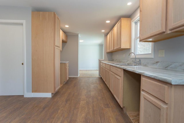 kitchen with light brown cabinets, baseboards, a sink, and dark wood-style floors