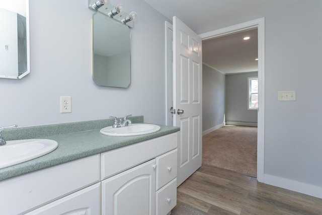 bathroom featuring baseboards, wood finished floors, a sink, and double vanity