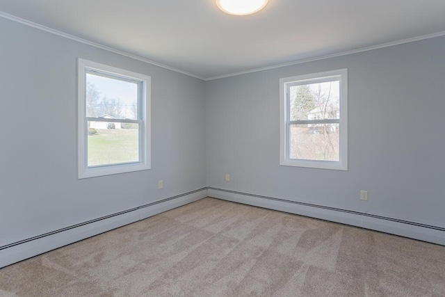 unfurnished room featuring a baseboard radiator, carpet floors, crown molding, and baseboards