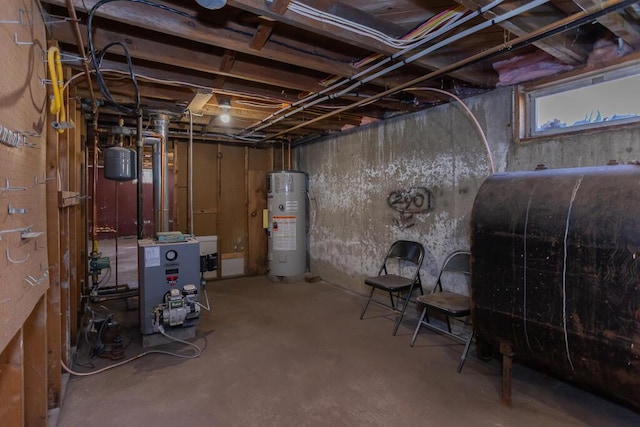 basement with heating fuel, water heater, and a heating unit