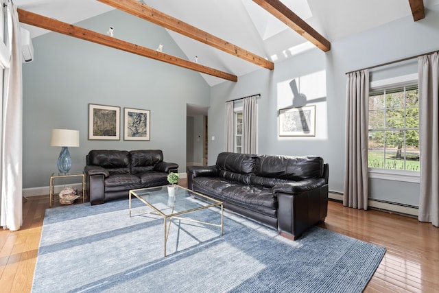 living area featuring wood finished floors, beam ceiling, and high vaulted ceiling