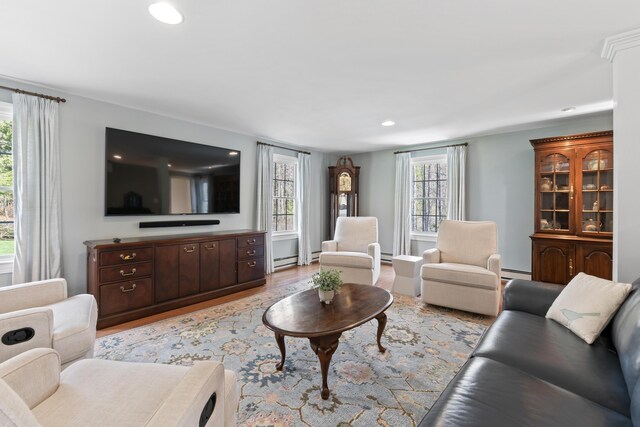 living room with baseboard heating, a baseboard heating unit, wood finished floors, and recessed lighting