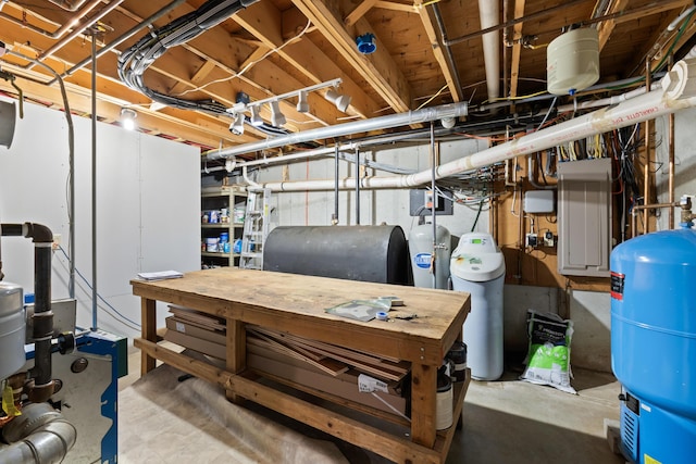 unfinished below grade area featuring electric panel and heating fuel