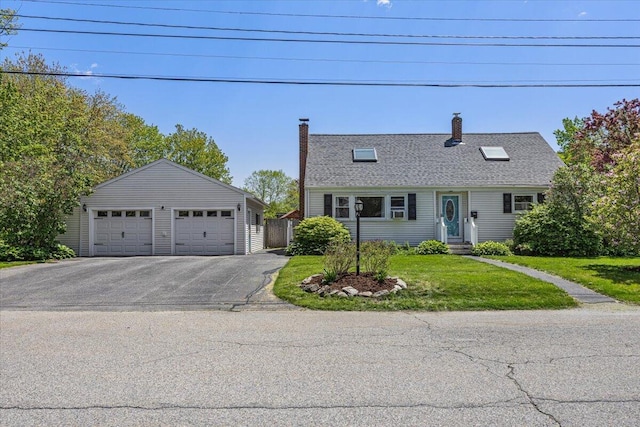 85 Tucker Ave, Portland, ME 04103 - cape cod-style house with a garage, a chimney, a front lawn, entry steps, and roof with shingles