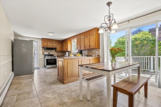 85 Tucker Ave, Portland, ME 04103 - kitchen with appliances with stainless steel finishes, a baseboard heating unit, extractor fan, a chandelier, and backsplash