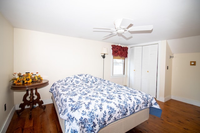 1114 Kennebec Rd, Hampden, ME 04444 - bedroom featuring baseboards, a closet, ceiling fan, and wood-type flooring