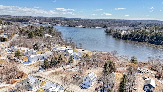 aerial view of a large body of water, a notable bridge, and a heavily wooded area