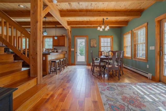 8 Sunset Ln, Kingfield, ME 04947 - dining area featuring stairway, a baseboard heating unit, wood ceiling, a healthy amount of sunlight, and light wood finished floors