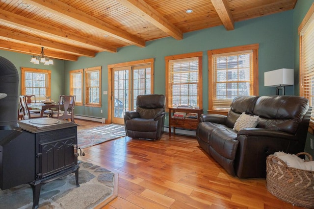 8 Sunset Ln, Kingfield, ME 04947 - living area featuring light wood finished floors, wooden ceiling, a baseboard heating unit, beam ceiling, and a chandelier