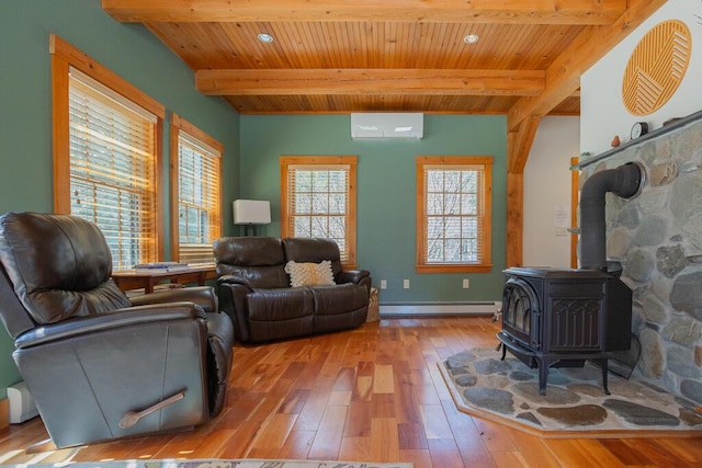 8 Sunset Ln, Kingfield, ME 04947 - living room with wooden ceiling, a wood stove, light wood-style floors, and beamed ceiling