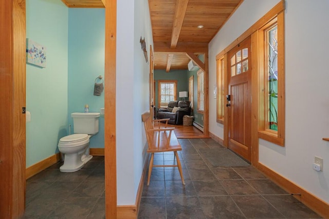 8 Sunset Ln, Kingfield, ME 04947 - entrance foyer with wood ceiling, baseboard heating, baseboards, and beamed ceiling