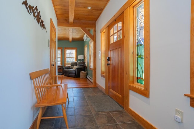 8 Sunset Ln, Kingfield, ME 04947 - entryway with wood ceiling, a baseboard radiator, baseboards, and beamed ceiling