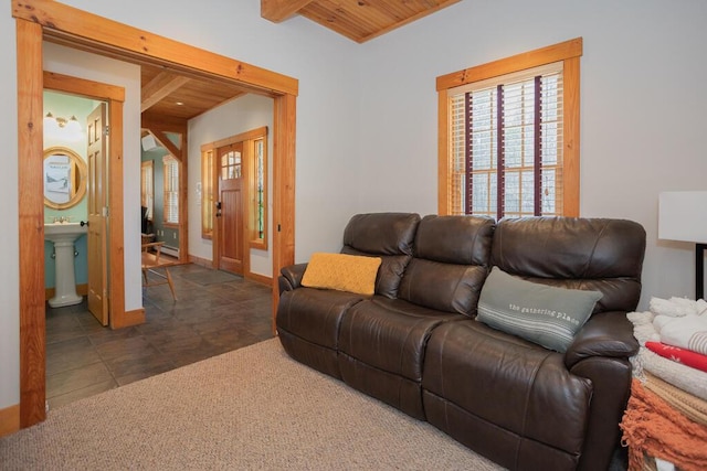 8 Sunset Ln, Kingfield, ME 04947 - living room featuring wood ceiling and a healthy amount of sunlight