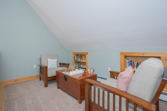 8 Sunset Ln, Kingfield, ME 04947 - office area with a baseboard heating unit, light carpet, baseboards, and lofted ceiling