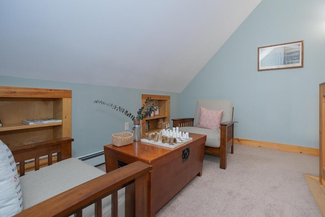 8 Sunset Ln, Kingfield, ME 04947 - office area featuring light colored carpet, a baseboard radiator, vaulted ceiling, and baseboards