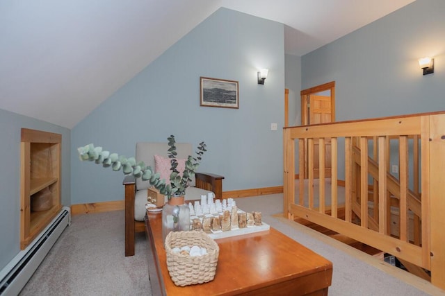 8 Sunset Ln, Kingfield, ME 04947 - interior space with baseboard heating, stairway, vaulted ceiling, carpet, and baseboards