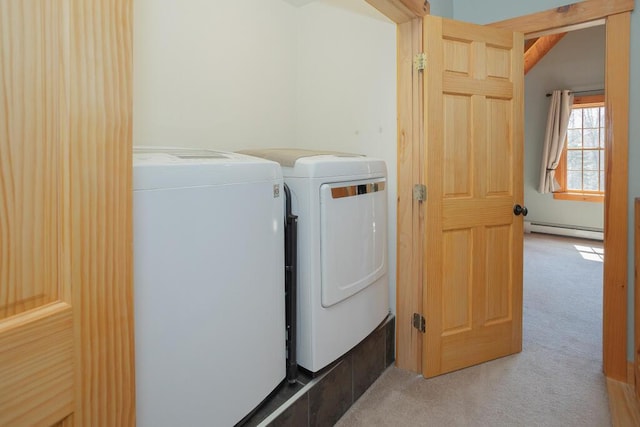 8 Sunset Ln, Kingfield, ME 04947 - washroom with light colored carpet, laundry area, washer and clothes dryer, and baseboard heating