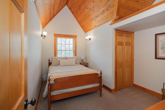 8 Sunset Ln, Kingfield, ME 04947 - carpeted bedroom with wooden ceiling, baseboards, and lofted ceiling