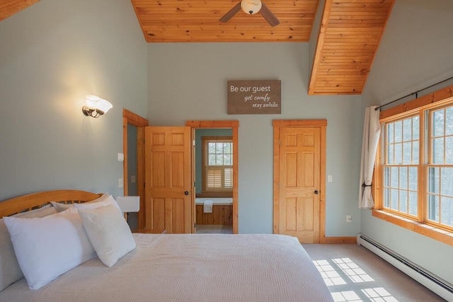 8 Sunset Ln, Kingfield, ME 04947 - carpeted bedroom featuring wood ceiling, high vaulted ceiling, a baseboard radiator, and multiple windows