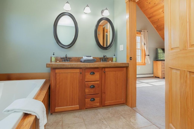 8 Sunset Ln, Kingfield, ME 04947 - bathroom featuring a bath, a sink, double vanity, vaulted ceiling, and a baseboard radiator