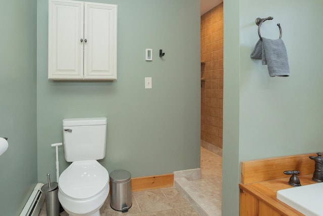 8 Sunset Ln, Kingfield, ME 04947 - bathroom featuring a sink, toilet, tiled shower, baseboards, and baseboard heating