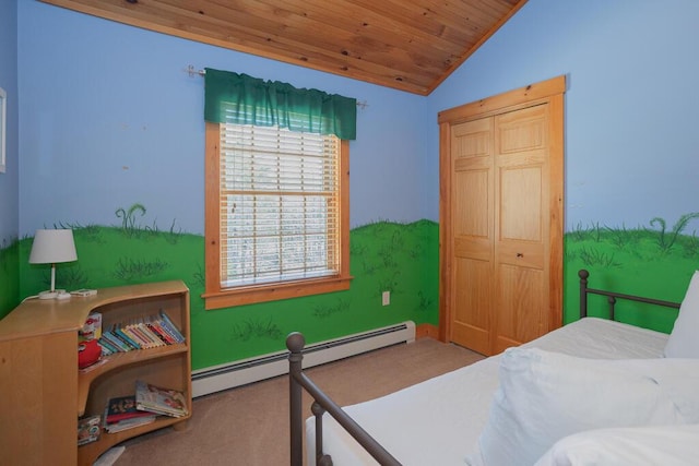 8 Sunset Ln, Kingfield, ME 04947 - bedroom with baseboard heating, vaulted ceiling, wood ceiling, carpet, and baseboards