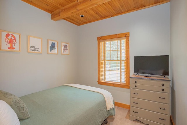 8 Sunset Ln, Kingfield, ME 04947 - carpeted bedroom with wood ceiling, baseboards, and beam ceiling