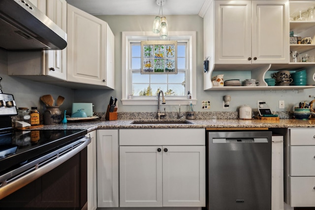 390 Castine Rd, Castine, ME 04421 - kitchen with stainless steel appliances, ventilation hood, a sink, open shelves, and white cabinetry