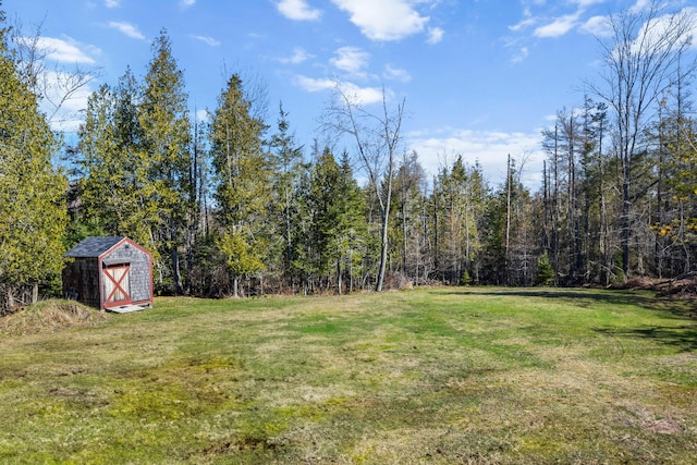 390 Castine Rd, Castine, ME 04421 - view of grassy yard featuring a shed, an outdoor structure, and a view of trees