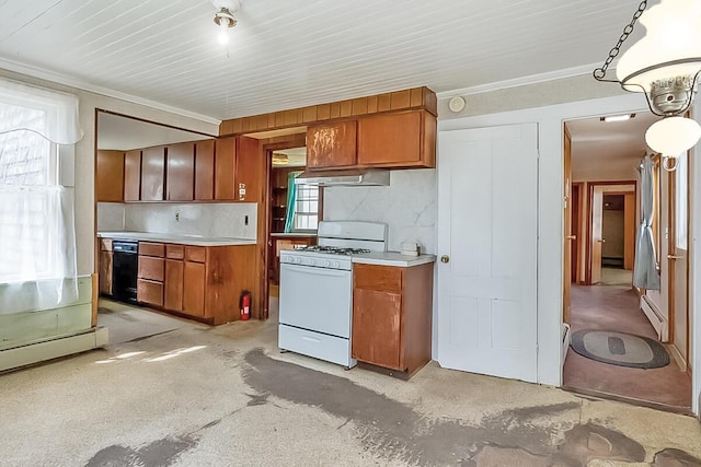 kitchen featuring light countertops, baseboard heating, under cabinet range hood, white gas stove, and brown cabinetry