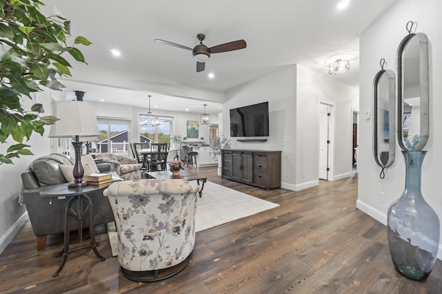 17 Wadlin Rd, Biddeford, ME 04005 - living area featuring ceiling fan, baseboards, dark wood-style flooring, and recessed lighting