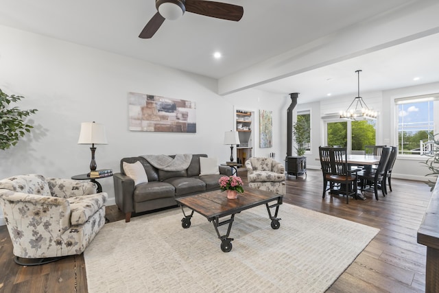 17 Wadlin Rd, Biddeford, ME 04005 - living area featuring recessed lighting, baseboards, hardwood / wood-style flooring, a ceiling fan, and a chandelier