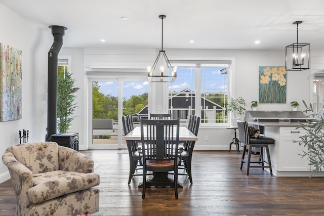 17 Wadlin Rd, Biddeford, ME 04005 - dining area with a chandelier, dark wood-style flooring, recessed lighting, and baseboards