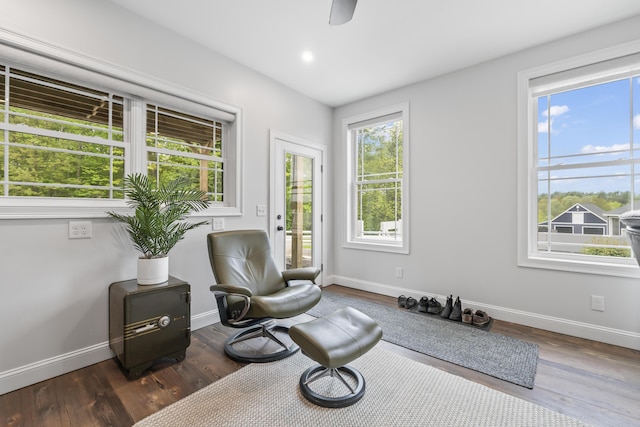 17 Wadlin Rd, Biddeford, ME 04005 - sitting room with baseboards, dark wood-style flooring, a ceiling fan, and recessed lighting