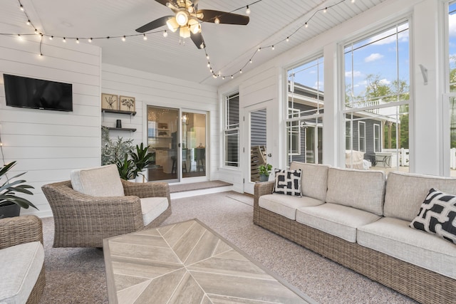 17 Wadlin Rd, Biddeford, ME 04005 - sunroom with an outdoor hangout area and a ceiling fan