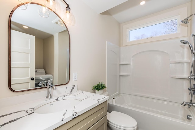 11 Rogers Rd, Kittery, ME 03904 - full bathroom with vanity, washer / dryer, toilet, shower / bathtub combination, and recessed lighting