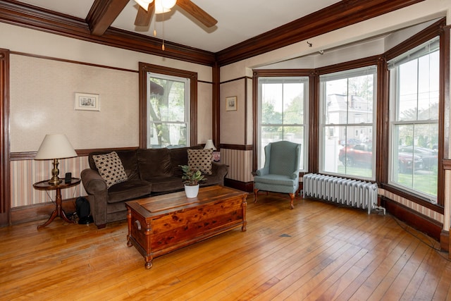 546 Main St, Westbrook, ME 04092 - living room featuring radiator heating unit, ceiling fan, light wood finished floors, and ornamental molding