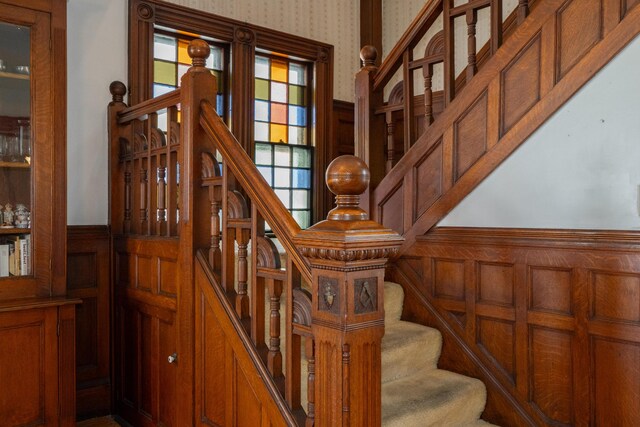 546 Main St, Westbrook, ME 04092 - stairs with wainscoting and wallpapered walls