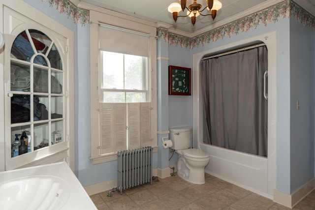 546 Main St, Westbrook, ME 04092 - full bathroom featuring radiator heating unit, toilet, shower / tub combo with curtain, baseboards, and vanity