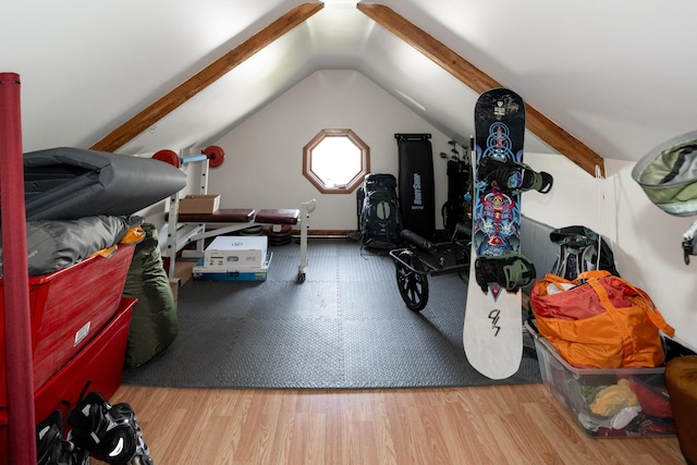 546 Main St, Westbrook, ME 04092 - workout room featuring vaulted ceiling and wood finished floors