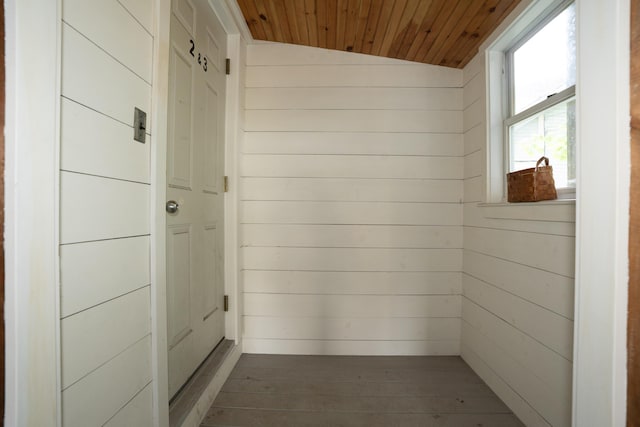 546 Main St, Westbrook, ME 04092 - hall featuring wooden ceiling, wooden walls, and hardwood / wood-style flooring