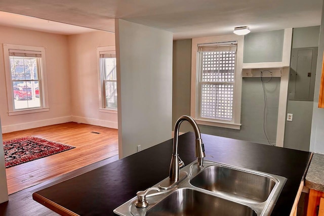 6 Naskeag Rd, Brooklin, ME 04616 - kitchen with wood finished floors, a sink, dark countertops, electric panel, and baseboards