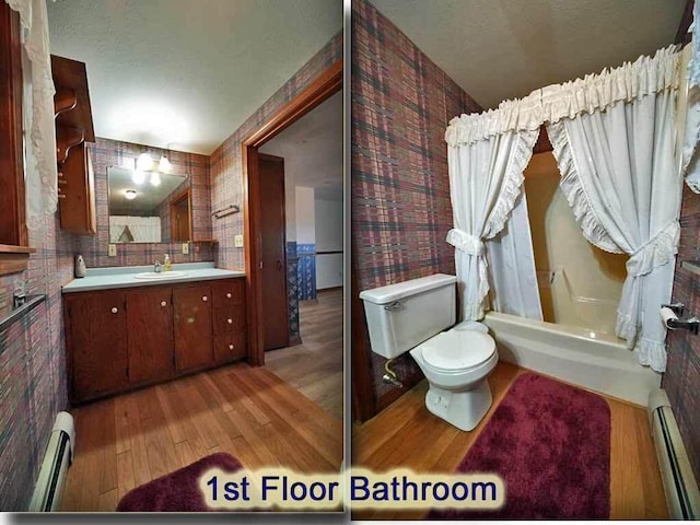 full bathroom featuring hardwood / wood-style flooring, vanity, toilet, and baseboard heating