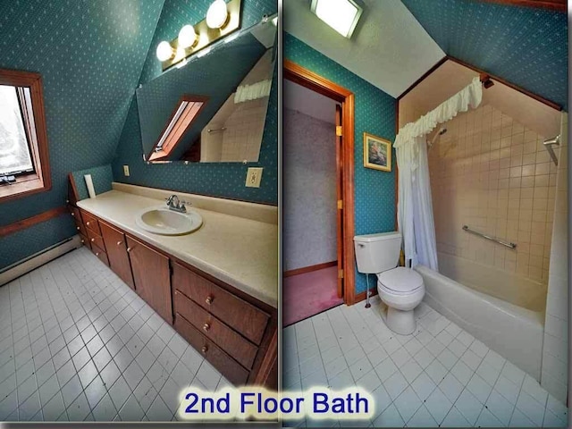 full bath with wallpapered walls, toilet, and tile patterned floors