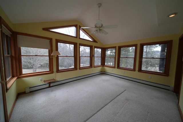 unfurnished sunroom with lofted ceiling, baseboards, baseboard heating, and carpet flooring
