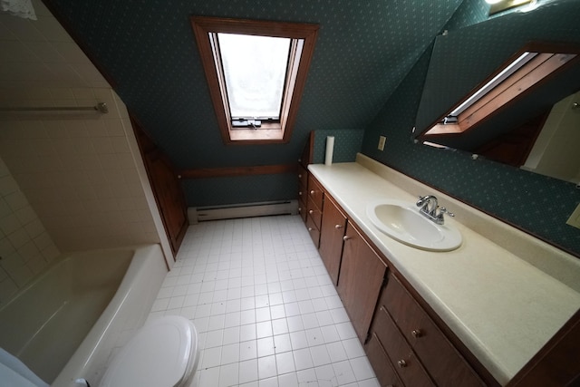 full bath with toilet, a skylight, wallpapered walls, vanity, and a baseboard radiator