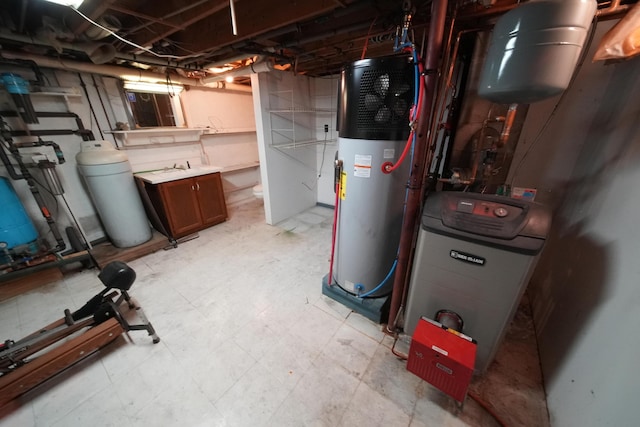 unfinished basement featuring light floors and water heater