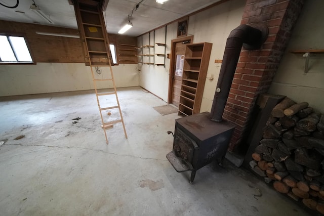 below grade area with a wood stove
