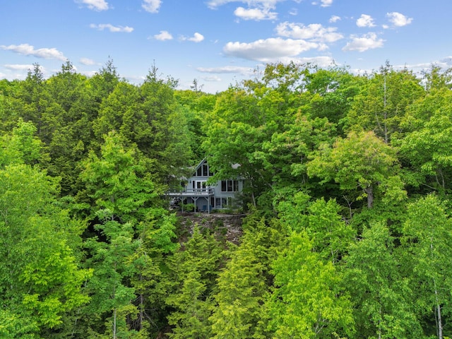 drone / aerial view with a wooded view