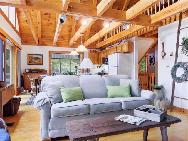 living room featuring lofted ceiling with beams, light wood-type flooring, baseboards, and wooden ceiling